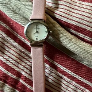 Skagen pink watch with mother of pearl face